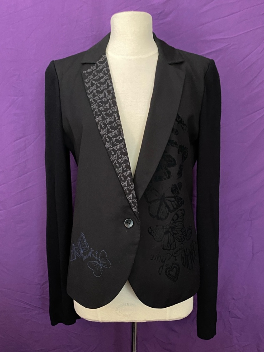 Desigual Black Blazer with Subtle Butterfly Motif and Knit Sleeves. Size L.